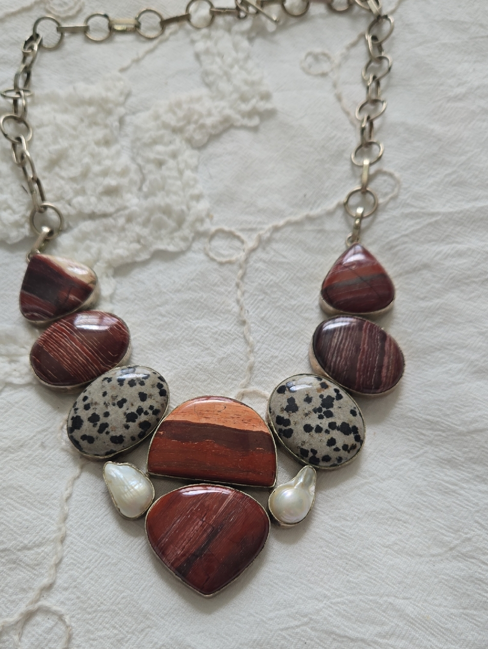 Red Jasper & Dalmatian Stone Statement Necklace with Pearl Accents - Picture 2 of 8